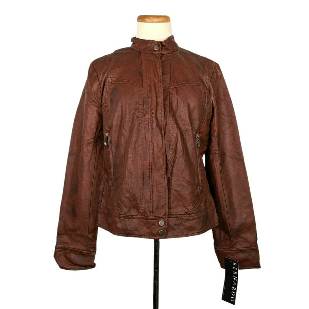 Bernardo Womens Vegan Faux Leather Moto Jacket Mahogany Brown Size L Zip